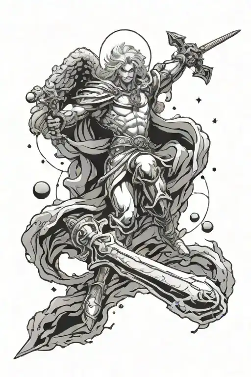 angel god holding a sword in space surrounded by planets, dimensions, holy power diablo 4 themed, ultra instinct  tattoo design idea