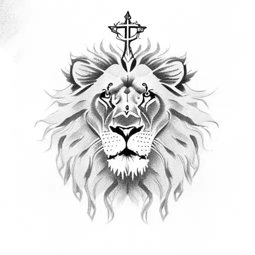 lion with three crosses and thorn crown on its head tattoo design idea