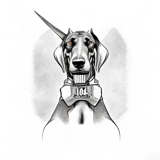 angry Doberman pincher with a muzzle sitting on top of a hill of bones  tattoo design idea