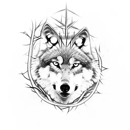 wolf resting peacefully in agony wearing a crown of thorns tattoo design idea