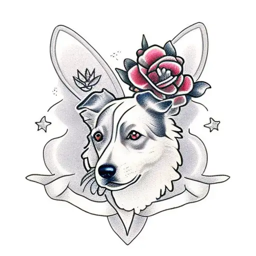 border collie nas flores e folhas tattoo design idea