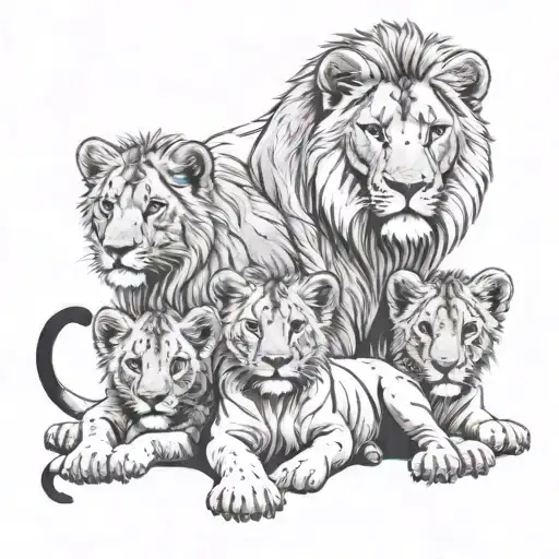 pride of lions with four cubs one older male cub two middle cubs and a small cute cub tattoo design idea