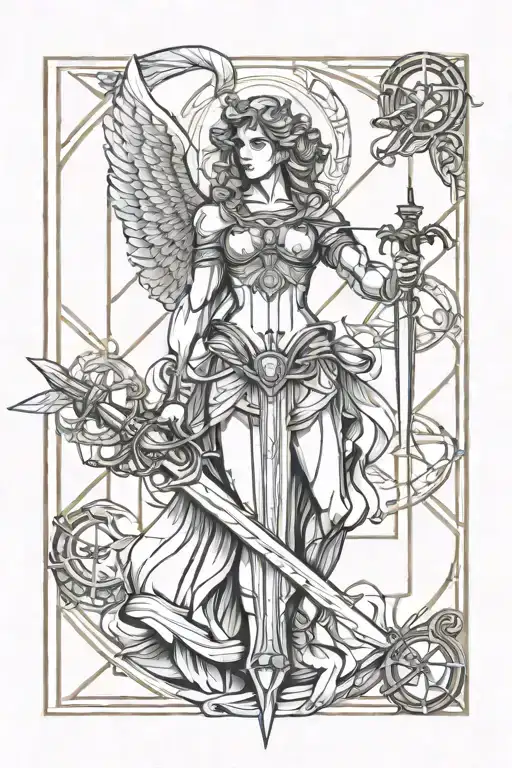 libra zodiac sign and angel holding a sword tattoo design idea