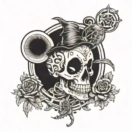 micket mouse half skeleton face half alive half dead tattoo design idea