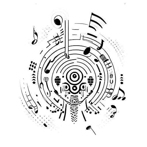 A coffee bean morphing into a futuristic cybernetic creature with music notes as its tail tattoo design idea