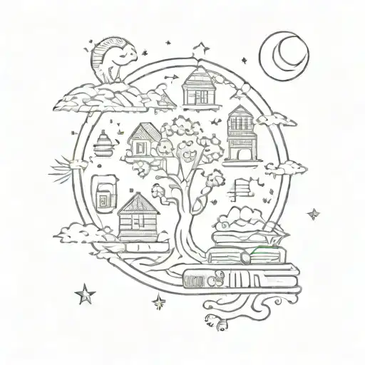 create me some patchwork tattoos of books, mushrooms, the moon, the sun, music, cats, dogs, flowers, bows, and dinosaurs tattoo design idea