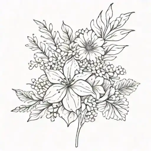 very simple, a voilet, a daisy, a lily of the valley, a rose, a gladiolus, and a chrysanthemum tattoo design idea