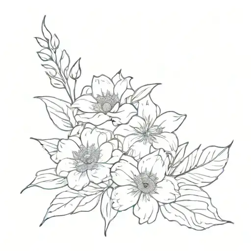 very simple, a voilet, a daisy, a lily of the valley, a rose, a gladiolus, and a chrysanthemum with no stems tattoo design idea