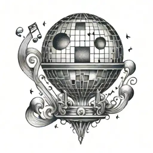 A tattoo design of a disco ball made out of mushrooms, with music notes coming out of it tattoo design idea