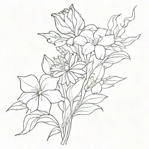 A tattoo design of a bouquet of flowers with voilet, daisy, lily of the valley, rose, gladiolus, and chrysanthemum tattoo design idea