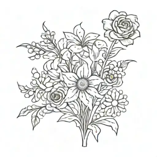 very simple, a voilet, a daisy, a lily of the valley, a rose, a gladiolus, and a chrysanthemum tattoo design idea