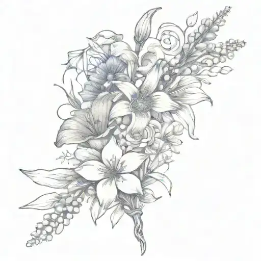 A tattoo design of a bouquet of flowers with voilet, daisy, lily of the valley, rose, gladiolus, and chrysanthemum tattoo design idea