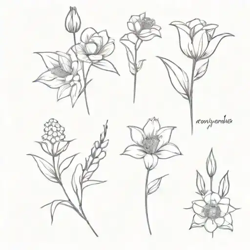 very simple, a voilet, a daisy, a lily of the valley, a rose, a gladiolus, and a chrysanthemum tattoo design idea