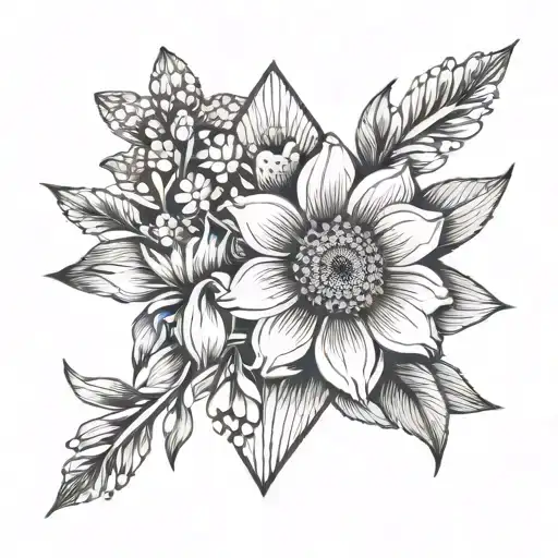 very simple, a voilet, a daisy, a lily of the valley, a rose, a gladiolus, and a chrysanthemum tattoo design idea