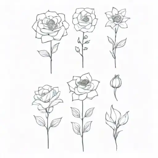 very simple, a voilet, a daisy, a lily of the valley, a rose, a gladiolus, and a chrysanthemum tattoo design idea