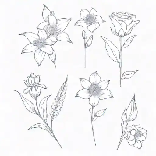 very simple, a voilet, a daisy, a lily of the valley, a rose, a gladiolus, and a chrysanthemum tattoo design idea