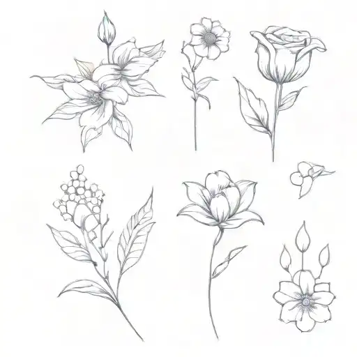 very simple, a voilet, a daisy, a lily of the valley, a rose, a gladiolus, and a chrysanthemum tattoo design idea