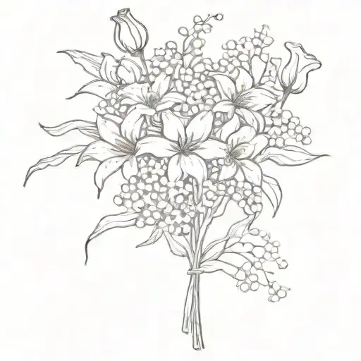 very simple, a voilet, a daisy, a lily of the valley, a rose, a gladiolus, and a chrysanthemum tattoo design idea