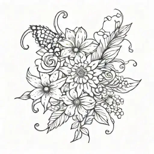 very simple, a voilet, a daisy, a lily of the valley, a rose, a gladiolus, and a chrysanthemum tattoo design idea