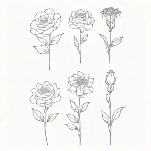 very simple, a voilet, a daisy, a lily of the valley, a rose, a gladiolus, and a chrysanthemum tattoo design idea