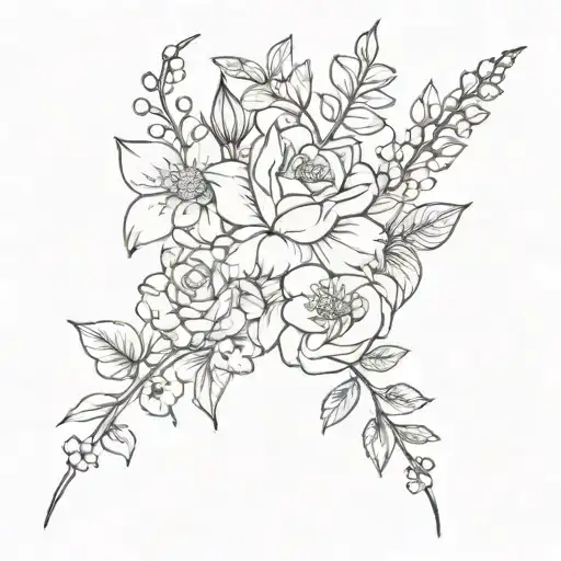 very simple, a voilet, a daisy, a lily of the valley, a rose, a gladiolus, and a chrysanthemum tattoo design idea