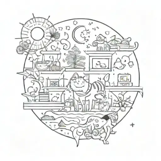create me some patchwork tattoos of books, mushrooms, the moon, the sun, music, cats, dogs, flowers, bows, and dinosaurs tattoo design idea