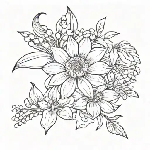 very simple, a voilet, a daisy, a lily of the valley, a rose, a gladiolus, and a chrysanthemum tattoo design idea