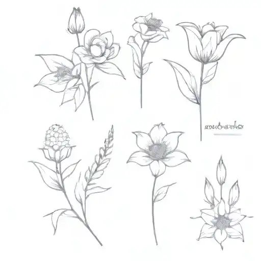 very simple, a voilet, a daisy, a lily of the valley, a rose, a gladiolus, and a chrysanthemum tattoo design idea