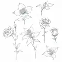 very simple, a voilet, a daisy, a lily of the valley, a rose, a gladiolus, and a chrysanthemum tattoo design idea