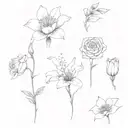 very simple, a voilet, a daisy, a lily of the valley, a rose, a gladiolus, and a chrysanthemum tattoo design idea