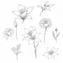 very simple, a voilet, a daisy, a lily of the valley, a rose, a gladiolus, and a chrysanthemum tattoo design idea