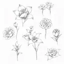 very simple, a voilet, a daisy, a lily of the valley, a rose, a gladiolus, and a chrysanthemum tattoo design idea