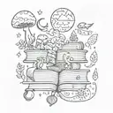 create me some patchwork tattoos of books, mushrooms, the moon, the sun, music, cats, dogs, flowers, bows, and dinosaurs tattoo design idea