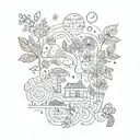 create me some patchwork tattoos of books, mushrooms, the moon, the sun, music, cats, dogs, flowers, bows, and dinosaurs tattoo design idea