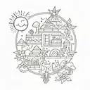 create me some patchwork tattoos of books, mushrooms, the moon, the sun, music, cats, dogs, flowers, bows, and dinosaurs tattoo design idea