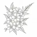 a voilet, a daisy, a lily of the valley, a rose, a gladiolus, and a chrysanthemum seperate with no stems tattoo design idea