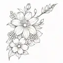 a voilet, a daisy, a lily of the valley, a rose, a gladiolus, and a chrysanthemum seperate with no stems tattoo design idea