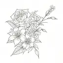 a voilet, a daisy, a lily of the valley, a rose, a gladiolus, and a chrysanthemum seperate with no stems tattoo design idea