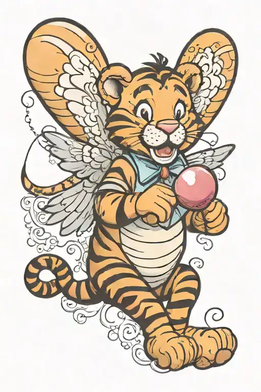 tigger with angel wings holding a balloon floating tattoo design idea