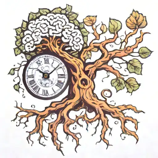 brain space time clock surreal tree roots tattoo design idea