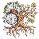 brain space time clock surreal tree roots tattoo design idea
