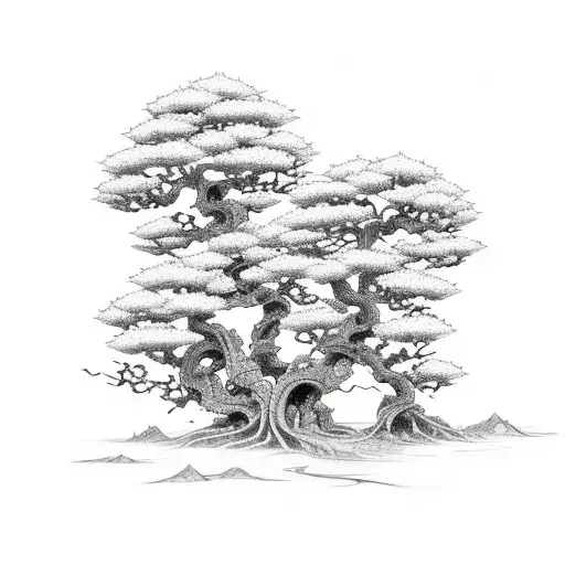 A sketch-style tattoo of a bonsai tree intertwined with manga-inspired vines and flowers tattoo design idea