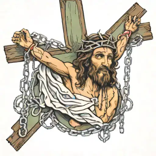 Jesus on a crucifix being held by chains above tattoo design idea