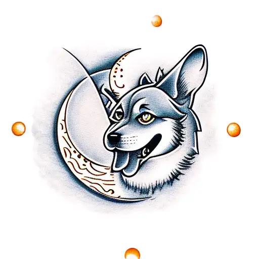 A traditional style design of a dog howling at the moon with musical symbols around it tattoo design idea