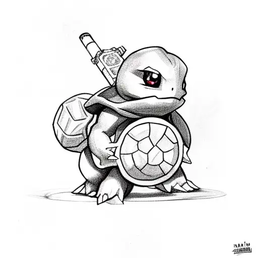 A baby Squirtle as Donatello the teenage mutant hero turtle with a pizza in his hand tattoo design idea