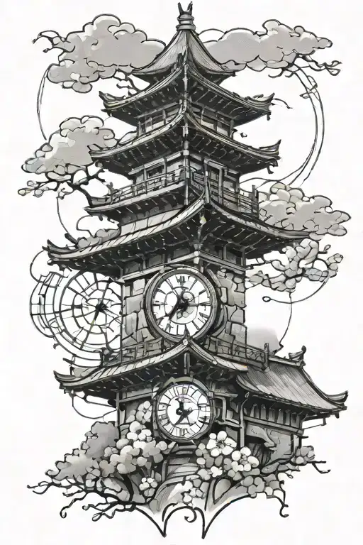 Tattoo of a tower with two clocks and a japanese roof tattoo design idea