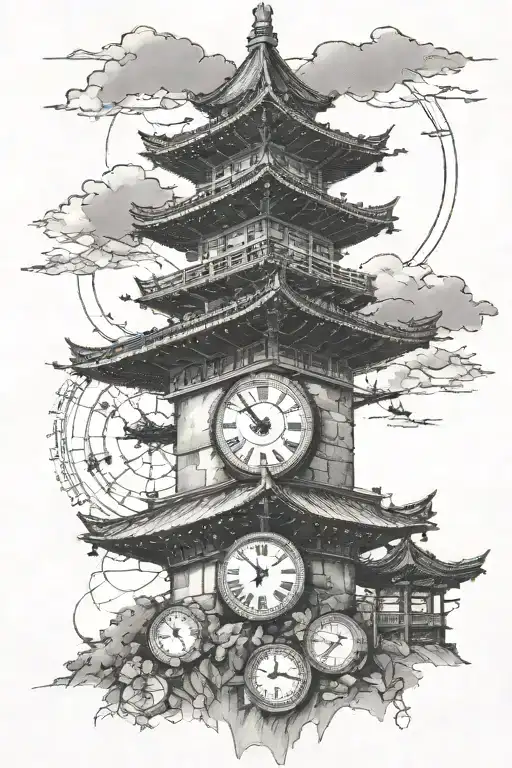 Tattoo of a tower with two clocks and a japanese roof tattoo design idea