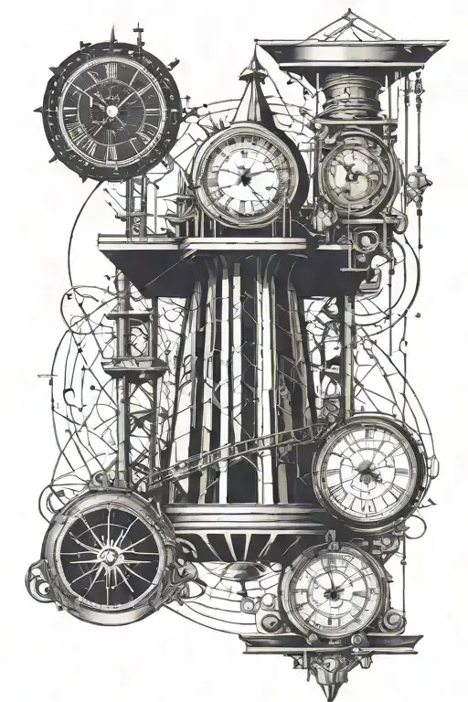 Tattoo of a tower with two clocks and a sand clock inside tattoo design idea