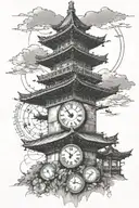 Tattoo of a tower with two clocks and a japanese roof tattoo design idea