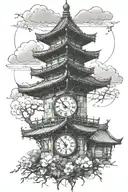 Tattoo of a tower with two clocks and a japanese roof tattoo design idea